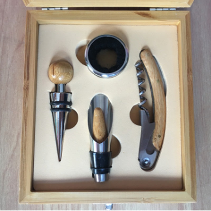 4pc Premium Wine Tools Automatic Bottle Opener Corkscrew Bamboo