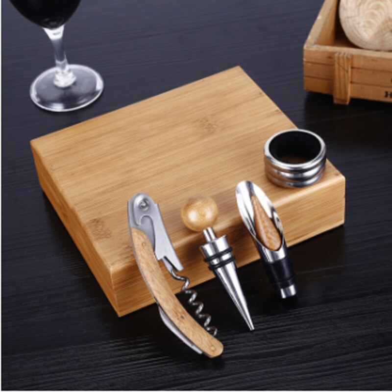 4pc Premium Wine Tools Automatic Bottle Opener Corkscrew Bamboo